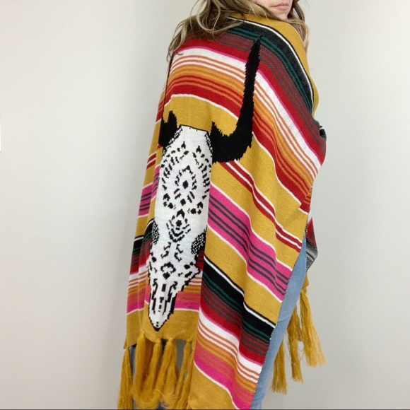Boho Bull Skull Serape Stripe Poncho Mustard Pink - Picture 4 of 8